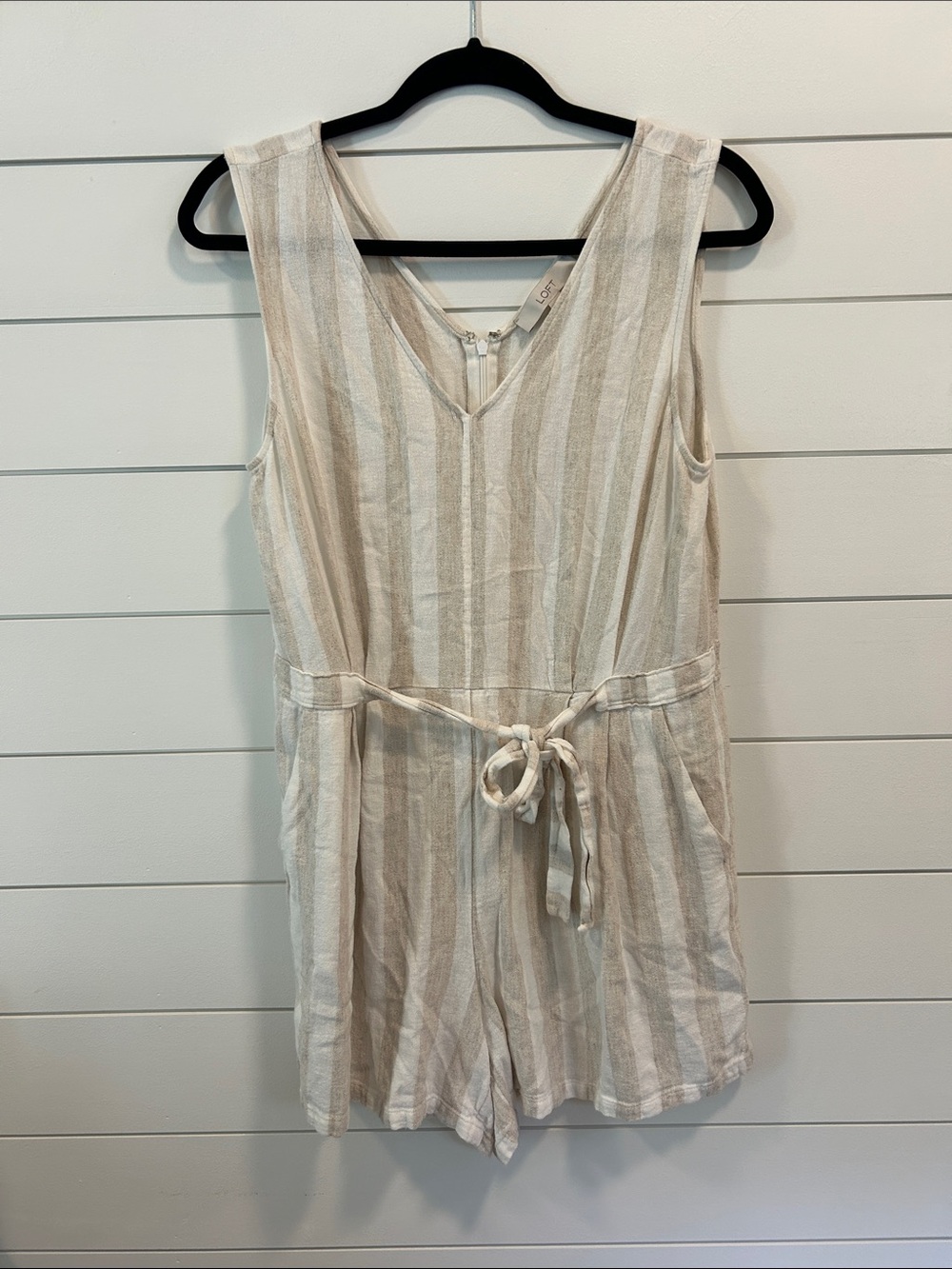 LOFT Striped Sleeveless Linen-Blend Romper in Beige and Cream